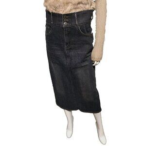 Y2K Denim Maxi Skirt 14 Whiskered Dark Wash McBling Tattoo Western Cowgirl